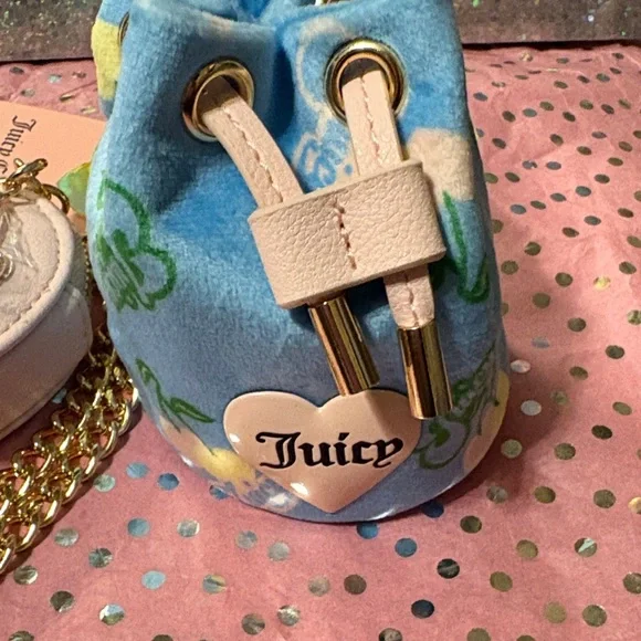 Juicy Couture Blue Gleam Drawstring Mini Bag with Heart Mirror Charm Pouch NWT - Picture 6 of 10